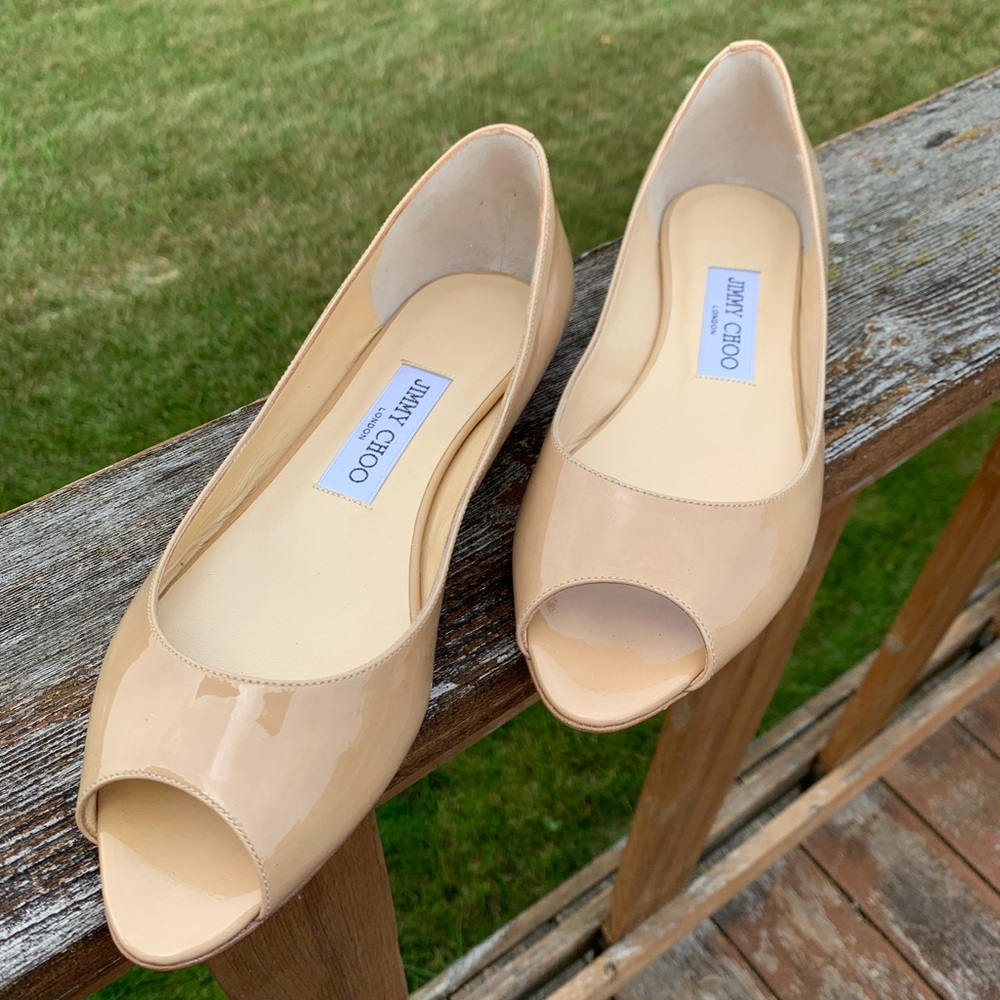 Jimmy Choo Nude Patent Leather Open Toed Flats -  Size US 8 - NWOT - NEVER WORN